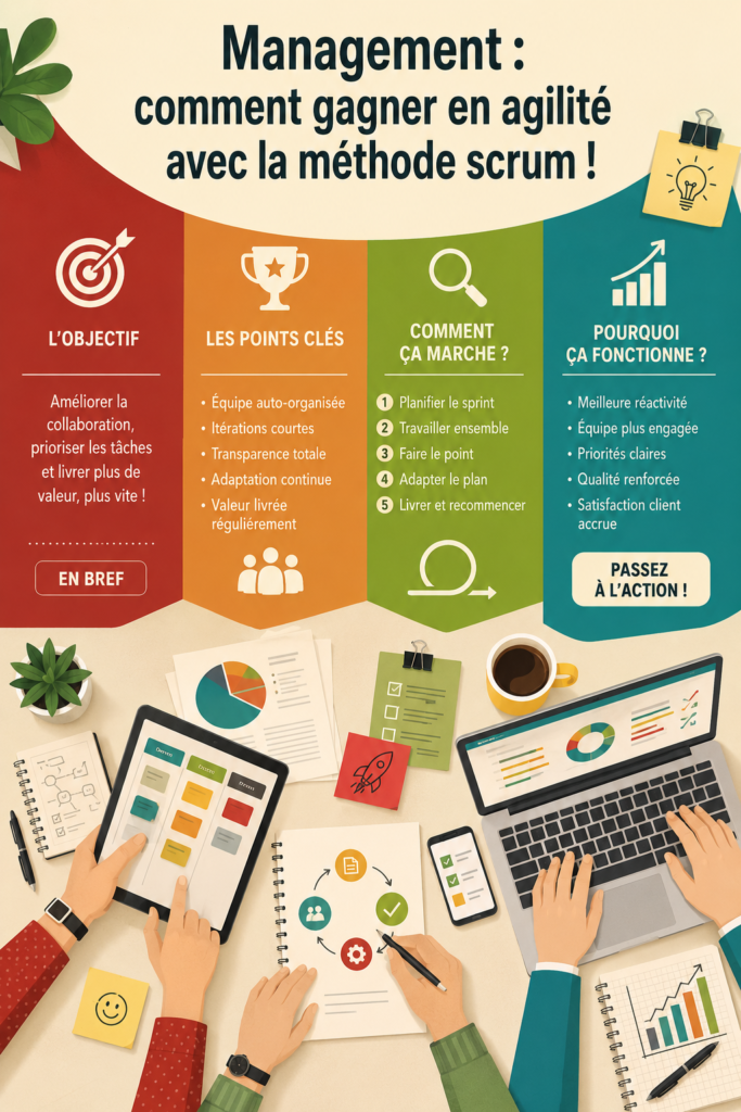 Illustration de l'agilité à travers la méthode scrum avec des éléments graphiques modernes