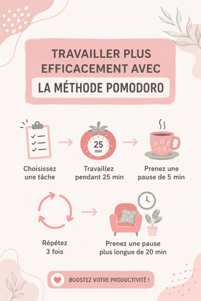Illustration de la méthode Pomodoro avec un minuteur et une liste de tâches.