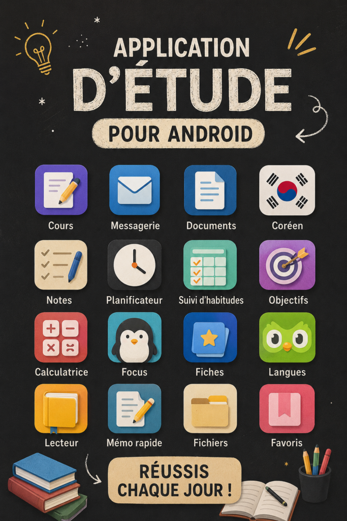 Écran d'une application d'étude sur un smartphone Android montrant des leçons et des quiz.