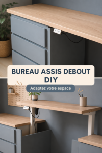 Un bureau assis-debout DIY en bois avec un espace de travail fonctionnel et décoratif.