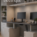 Bureau assis-debout électrique avec jambes télescopiques dans un environnement de travail moderne.