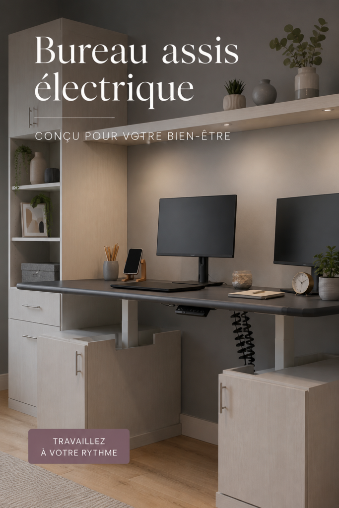 Bureau assis-debout électrique avec jambes télescopiques dans un environnement de travail moderne.