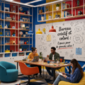 Bureau créatif vibrant avec décoration colorée et accessoires inspirants