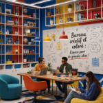 Bureau créatif vibrant avec décoration colorée et accessoires inspirants
