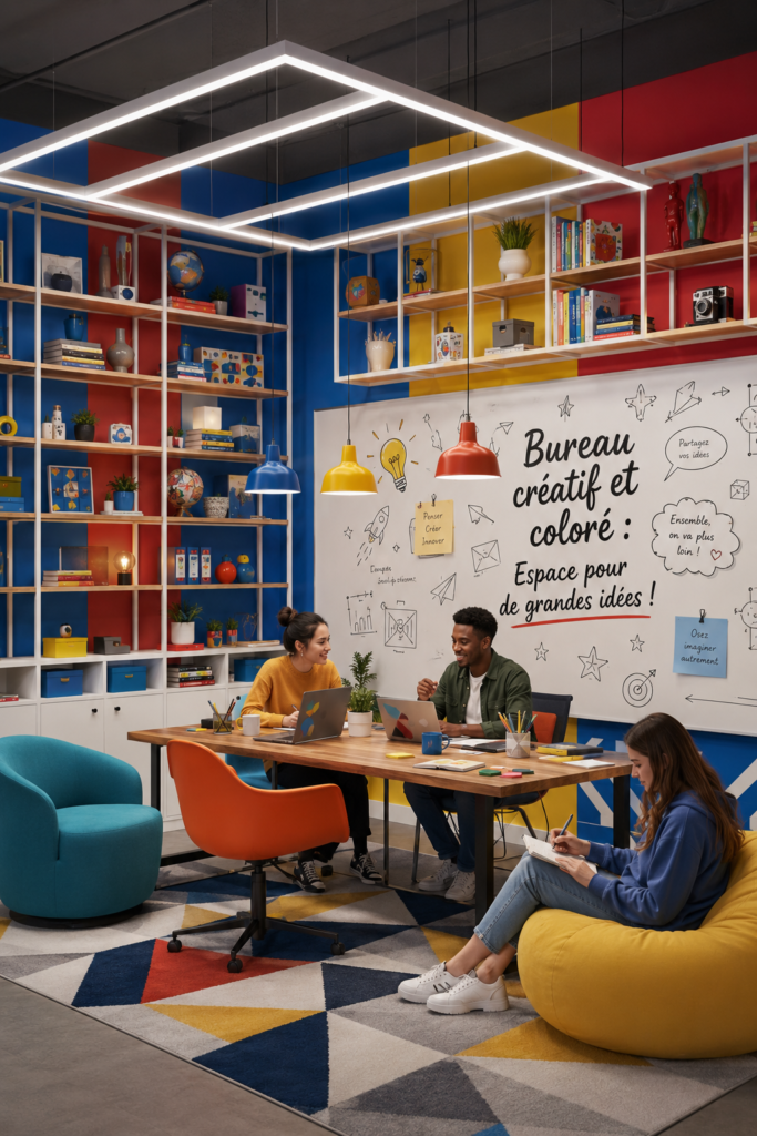 Bureau créatif vibrant avec décoration colorée et accessoires inspirants