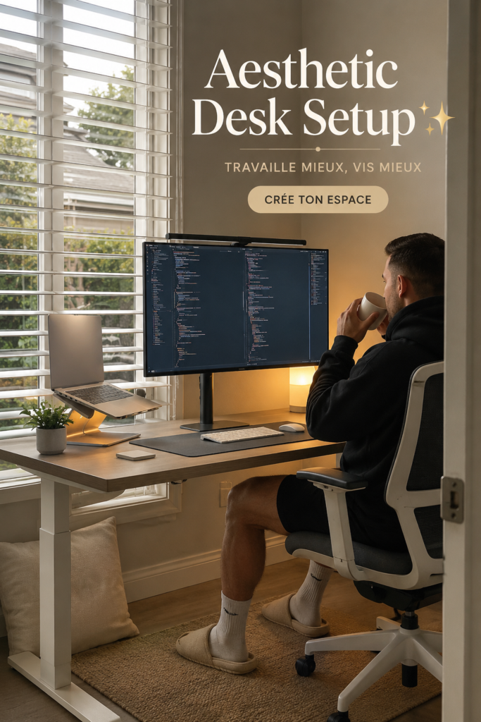 Bureau esthétique avec des accessoires harmonieux et une décoration colorée.