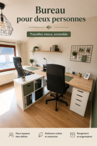 Bureau moderne pour deux personnes, avec un aménagement pratique et agréable.
