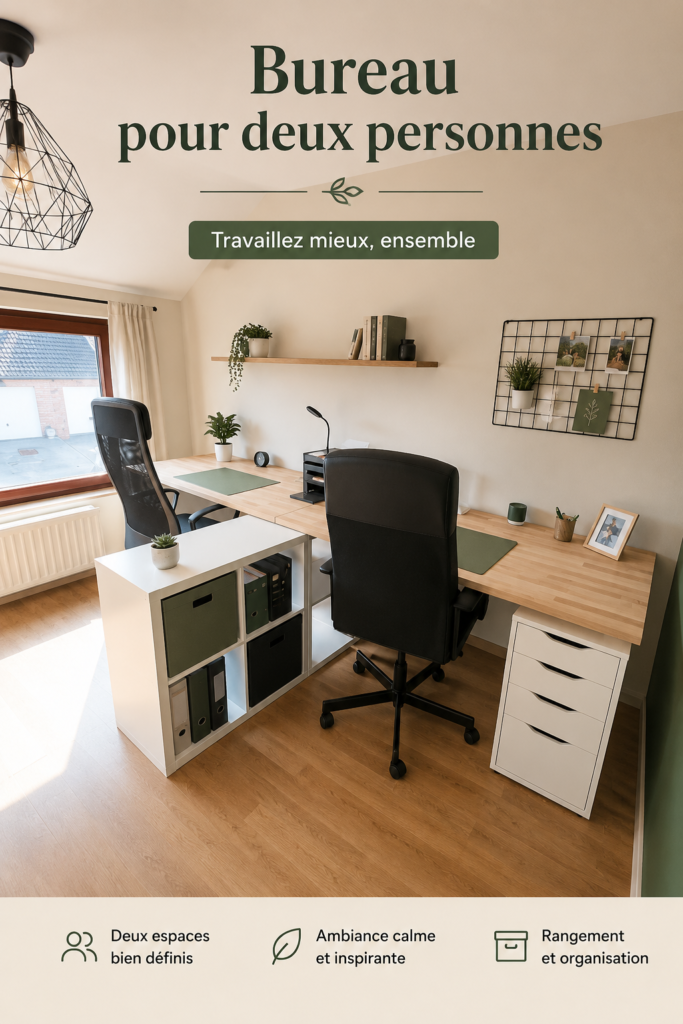 Bureau moderne pour deux personnes, avec un aménagement pratique et agréable.