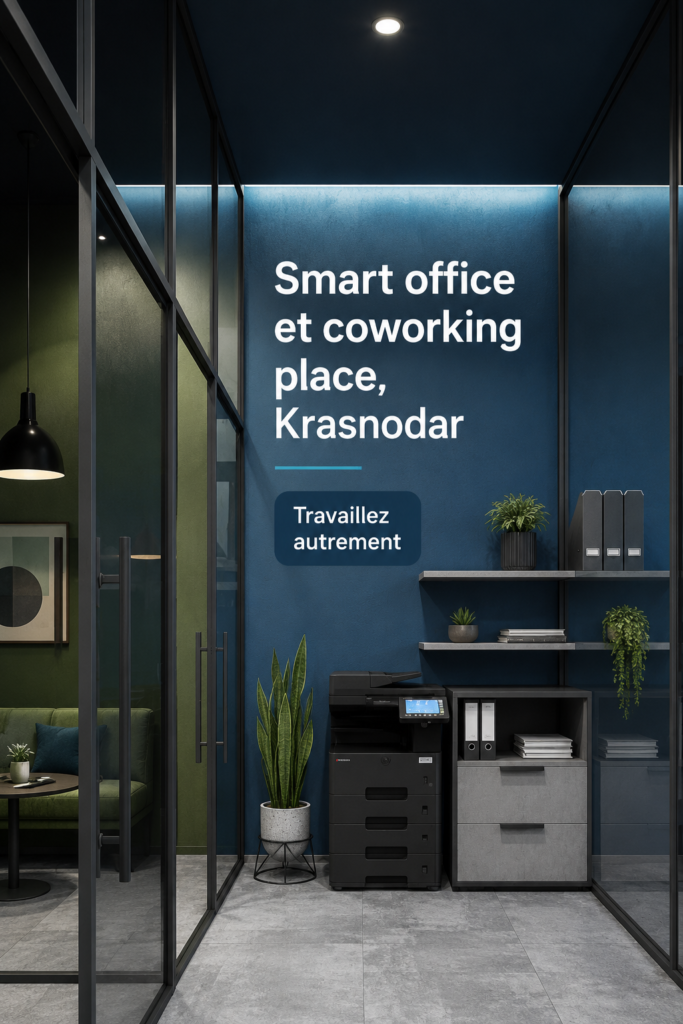 Vue de l'espace de coworking moderne à Krasnodar, décoré avec style.