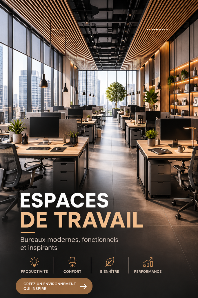 Bureau moderne et épuré avec ordinateur et plantes