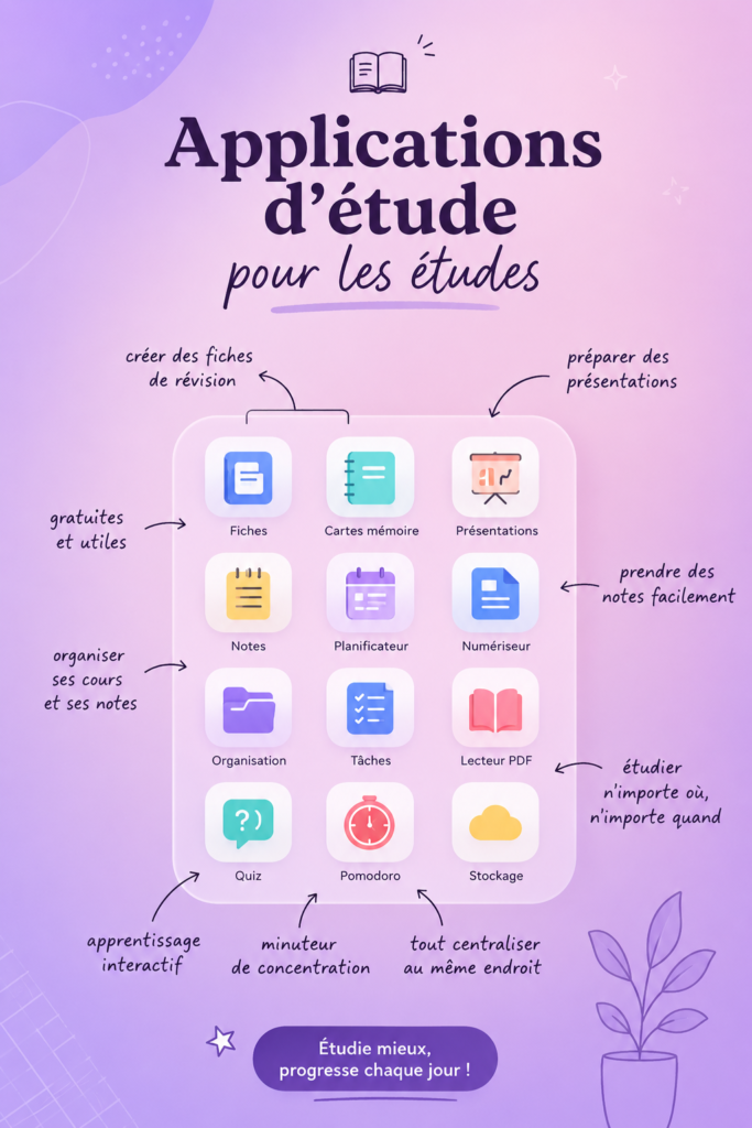 Écran de téléphone affichant des applications d'étude populaires