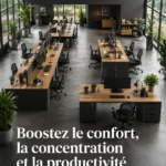 Bureau ergonomique bien aménagé avec une chaise confortable et un bon éclairage