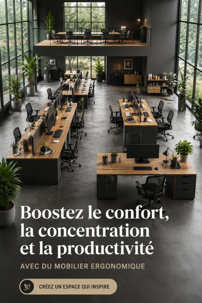 Bureau ergonomique bien aménagé avec une chaise confortable et un bon éclairage
