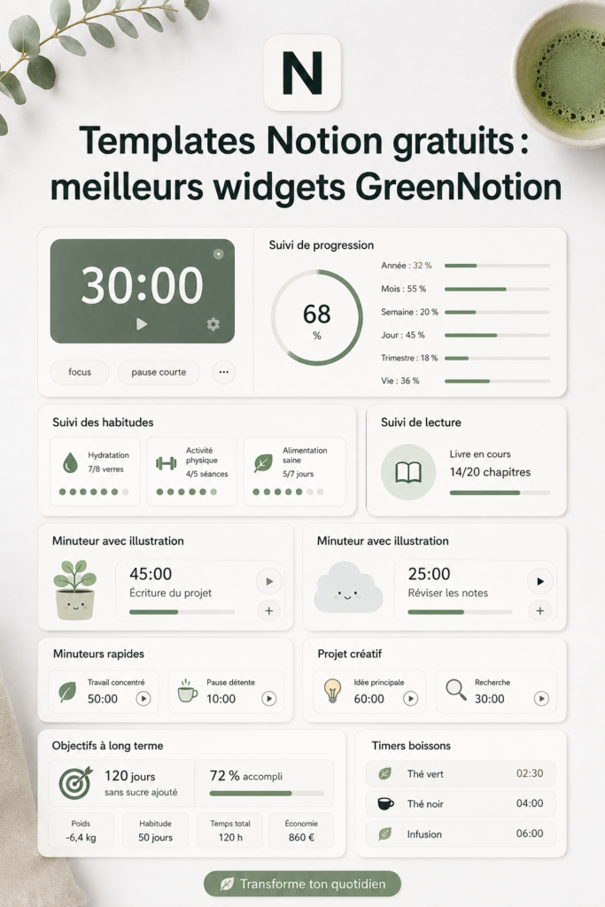 Capture d'écran de modèles gratuits Notion avec des widgets GreenNotion
