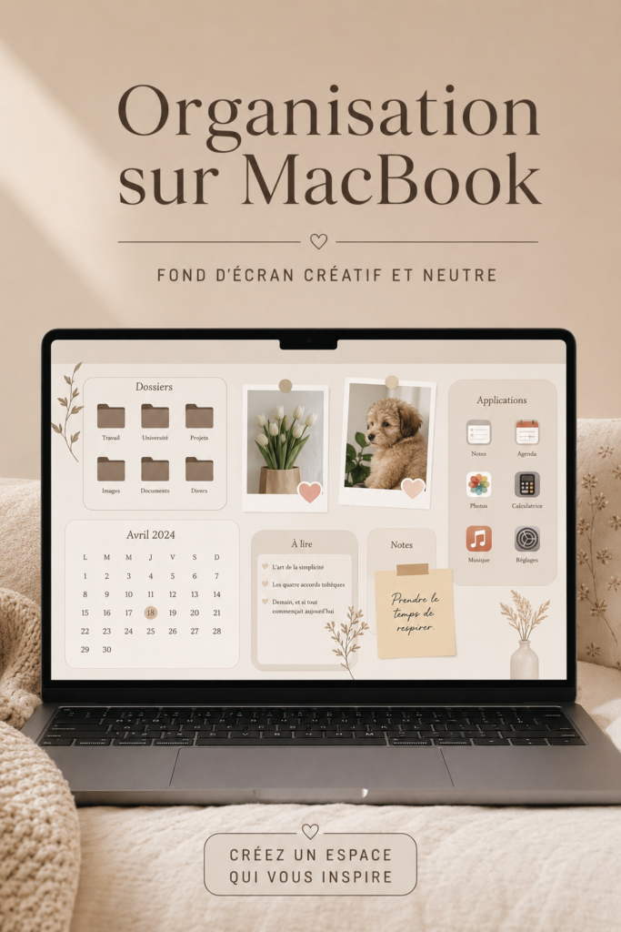Bureau organisé avec un MacBook et un fond d'écran créatif