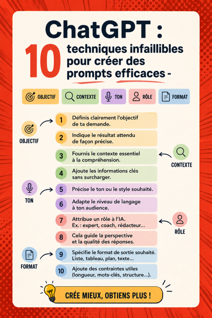 Personne utilisant ChatGPT sur un ordinateur portable, entourée de notes et de conseils sur la rédaction de prompts.