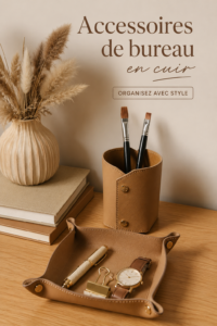 Un ensemble d'accessoires de bureau en cuir disposés sur un bureau élégant.