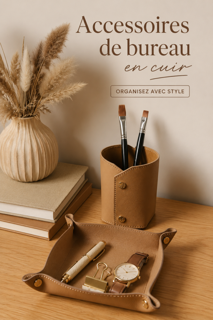Un ensemble d'accessoires de bureau en cuir disposés sur un bureau élégant.