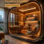 Un bureau à domicile moderne avec des équipements high-tech et un design élégant.