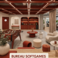 Espace de travail convivial avec des zones de détente et des plantes vertes.