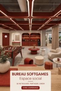 Espace de travail convivial avec des zones de détente et des plantes vertes.