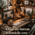 Un bureau à domicile chaleureux avec des plantes et un éclairage doux.