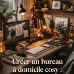 Un bureau à domicile chaleureux avec des plantes et un éclairage doux.