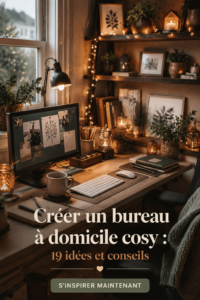 Un bureau à domicile chaleureux avec des plantes et un éclairage doux.