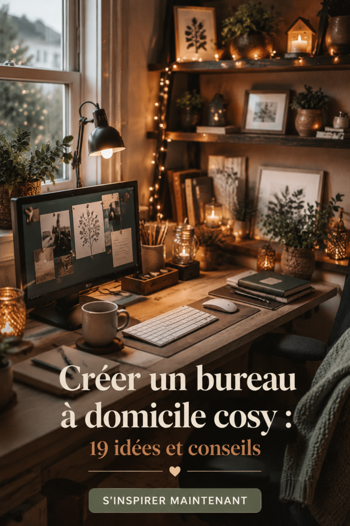 Un bureau à domicile chaleureux avec des plantes et un éclairage doux.