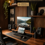 Aménagement d'un bureau debout avec un plateau en noyer en bois naturel.