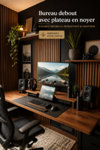 Aménagement d'un bureau debout avec un plateau en noyer en bois naturel.
