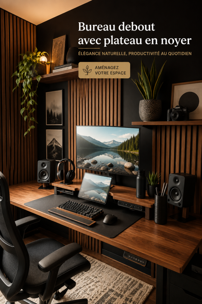 Aménagement d'un bureau debout avec un plateau en noyer en bois naturel.