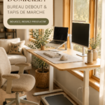 Bureau à domicile avec un bureau debout et un tapis roulant, décor élégant et fonctionnel