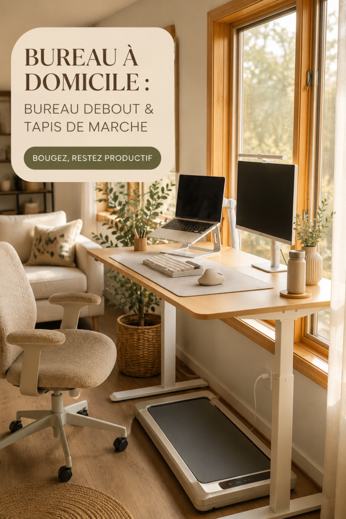 Bureau à domicile avec un bureau debout et un tapis roulant, décor élégant et fonctionnel