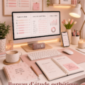 Bureau esthétique minimaliste avec touches de décoration colorées
