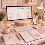Bureau esthétique minimaliste avec touches de décoration colorées