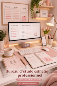 Bureau esthétique minimaliste avec touches de décoration colorées