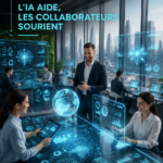Un bureau moderne avec des éléments technologiques et un design accueillant, illustrant l'avenir du travail.
