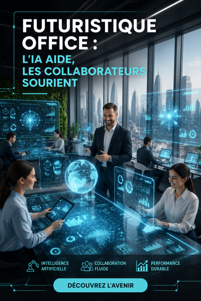 Un bureau moderne avec des éléments technologiques et un design accueillant, illustrant l'avenir du travail.