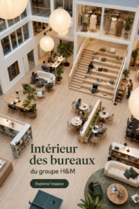 Intérieur moderne du bureau H&M à Stockholm, aux couleurs claires et au design contemporain.