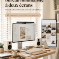 Un bureau minimaliste avec deux écrans et un espace de travail épuré.