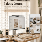 Un bureau minimaliste avec deux écrans et un espace de travail épuré.