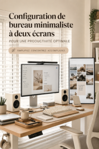 Un bureau minimaliste avec deux écrans et un espace de travail épuré.