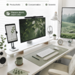 Bureau organisé avec un ordinateur, des fournitures et des plantes décoratives.