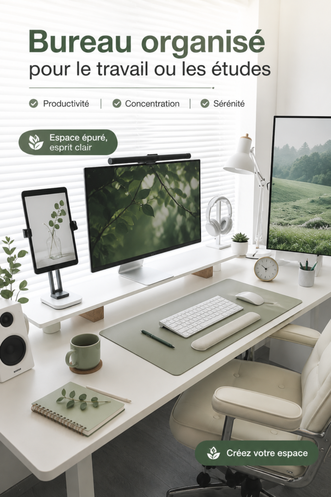 Bureau organisé avec un ordinateur, des fournitures et des plantes décoratives.