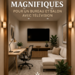 Un bureau moderne combiné à un coin TV dans un salon décoré avec goût.
