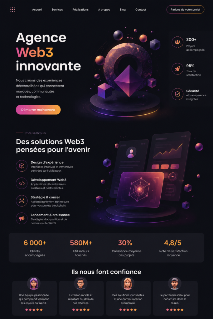 Concept visuel d'une page d'atterrissage innovante pour une agence Web3.