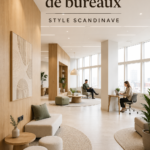 Bureau au style scandinave lumineux avec des meubles en bois clair et des plantes vertes.
