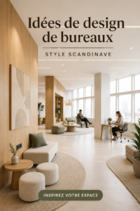 Bureau au style scandinave lumineux avec des meubles en bois clair et des plantes vertes.