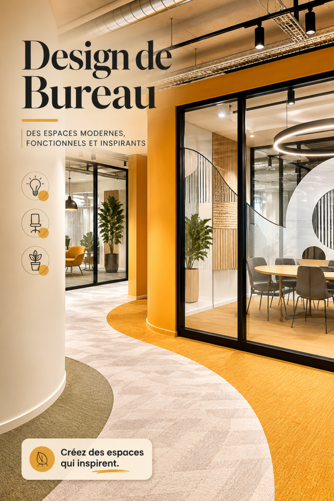 Un bureau moderne avec des couleurs vives et du mobilier ergonomique.